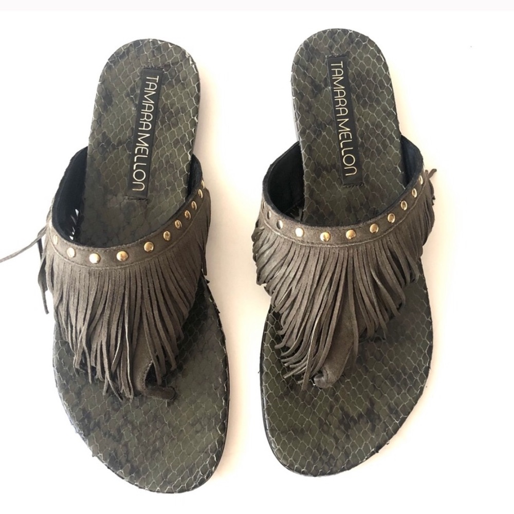 Tamara Mellon Olive and Brown Fringe Sandals - Picture 4 of 5